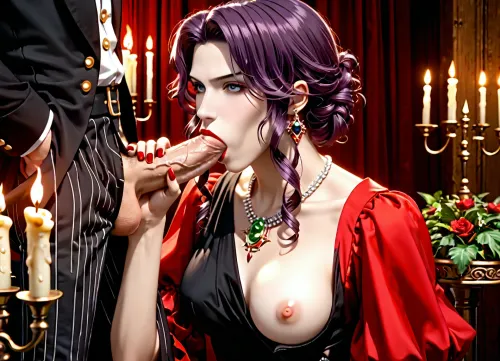 Erotic Art Nouveau portrait of Margarita from Bulgakov's *The Master and Margarita* at Satan's Ball, ((blowjob)), Anime-style illustration. Striking Slavic woman, 30s, defiant yet vulnerable, raven hair, black velvet gown, (crimson embroidery), ((one breast out)), mid-movement, lavish ballroom, (deep purples, greens, reds, candlelight), chiaroscuro lighting, high detail, rich colors. Exaggerated emotion and subtle speed lines., Flat, colour, anime, style, image, showing