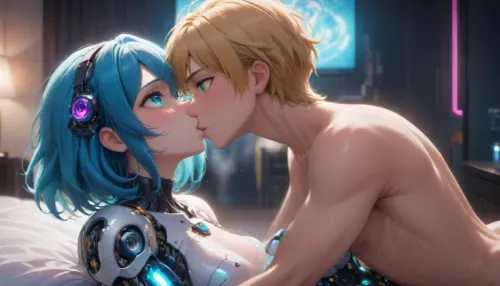 a blue haired cyborg, (blue hair, turquoise eyes), kissing a blonde male in a bedroom, from the side