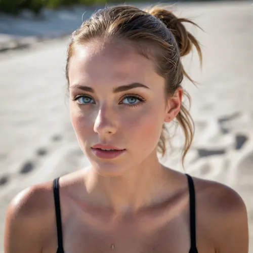 sucking, cock, <lora:cockteaseLoRASDXL:.8>, A hyper-realistic portrait of a young woman standing on a bright sandy beach under clear sunlight. She has fair skin slightly sun-kissed and flushed from the sun, with water droplets on her chest and shoulders. Her face is softly rounded with defined cheekbones and a natural, serious expression. Her lips are slightly parted, her nose is slightly red from sun exposure. She has light blue-gray eyes with long lashes, and damp light brown hair swept back, with some strands falling over her forehead. She’s wearing a black swimsuit with thin straps and black sunglasses resting on her head. The background is textured white beach sand, with tropical shadows and a few plants in the distance. Captured in candid, natural lighting, close-up angle, DSLR-level detail, ultra-realistic skin and light behavior.