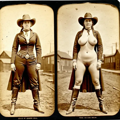 1870s, (((1870s beautiful female cowgirl))), amateur model, beautiful face, amateur photo, brunette hair, attractive, 28 years old, (((picture taken with Daguerreotype camera:1.5))), (large natural saggy boobs:1.1), natural saggy boobs, (hairy pussy:1.4), (full body in view), straight hair, ponytail hairdo, (same person, same pose, same angle), (2Split screens, 2split views, onoff:1.2), (wearing 1870s cowgirl outfit), (western town background), BREAK, <lora:OnoffXL_ExtraCrispy:.7>