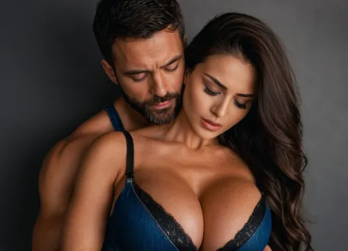 (Masterpiece, 8k, ultra realistic, high quality photography, hdr, High resolution, perfect image composition), Mark Dorcel porn movie, Eye-level, medium shot of a shirtless man carrying a woman in his arms., (((Man, He is muscular and has dark hair and a beard. He's wearing blue jeans. His expression is intense and focused on the woman:1.3), (Woman, She has long, dark brown hair and is wearing a black bra and blue jeans. Her eyes are closed, suggesting intimacy. She's draped over the man, her body relaxed against his body:1.4))), The couple is clearly intimate and close. The man is holding the woman securely, while she seems relaxed and comfortable in his arms. Their gazes meet, indicating a strong connection. The background is blurred shows a bright modern space with large windows allowing in natural light. composition and body language of the couple create a sensual and romantic scene, large, breasts, big, boobs, huge, tits, dark, skin, <lora:bombshell_v2:.8>, <lora:SDXLHighDetail_v6-000005:.8>, <lora:Darker_skin_SDXL:.8>