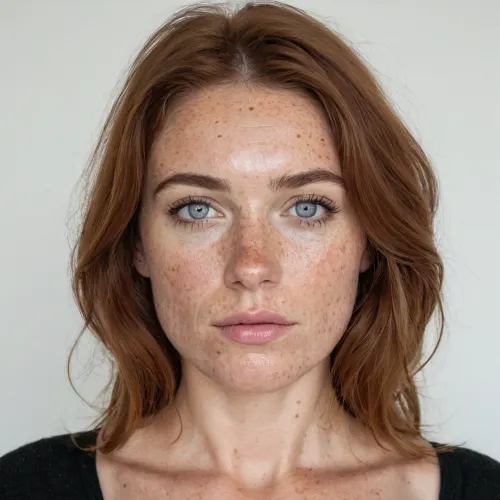 Neutral monotone white background. Shoulder-length portrait, passport photo., ((Lots of large beautiful freckles on the cheeks)), [[huge seductive full lips]], Woman, 35 years old, large beautiful blue eyes, long eyelashes, large full lips, white teeth, lots of freckles, lots of wrinkles. No makeup, natural beauty

Dirty, tangled, wavy shoulder-length hair, mixed red and brown colour.