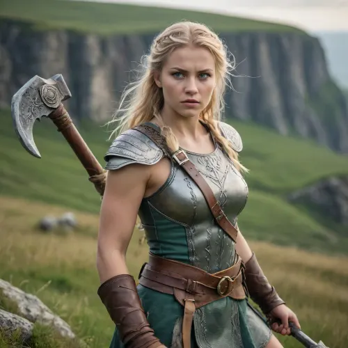 Female wiking warrior. Brided blonde hair. Fighting axe, standing on grassy cliffs. green eyes. small tits.