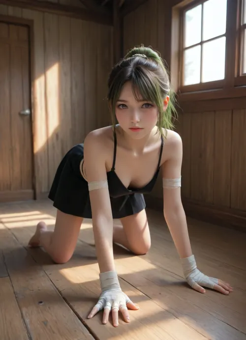 Wooden house, young girl, 1girl, purple eyes, green hair, hair in a ponytail, bandages on hands, black skirt, hands tied with rope, medium breasts, seductive look, blush, standing on all fours, slim, beautiful, perfect ass, 18 year old, crystal clear focus, sharp focus, cinematic lighting, octane render, hyper detailed hyper realistic natural petite cutie, the brightest image, complex 3d render ultra detailed, (pale skin), ((perfect body)), (rim light), vibrant details, hyperrealistic, anatomical