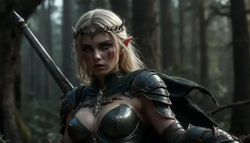 old elf blonde woman, big breasts, (huge boobs:1.2), dark makeup, blue eyes, short shoulder-length hair, view, full body, good hands, perfect fingers, (vagina), (shaved pussy), perfect nipples, Uber realistic, 8k, ultra detailed, masterpiece, old elf warrior, angry face, very long ears, army green elven armor, holding sword in right hand, forest, full_helmet, crown, blood on the face, closed_helmet, visor, (face covered:1.5), night, realistic detailed eyes, realistic detailed armor, realistic detailed body, realistic detailed skin, hkstyle, detailxl, <lora:add-detail-xl:2>, <lora:style_lora_realis:1>, <lora:dark:.8>, <lora:hkstyleV5:.8>