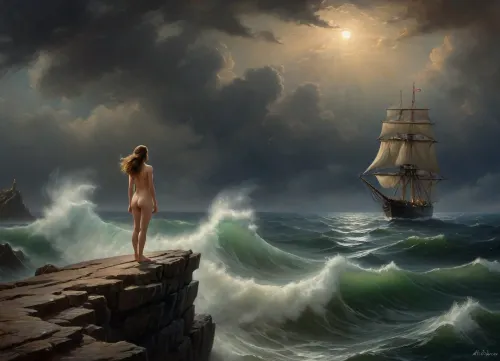 naked girl stands on high cliff above sea, stormy sea in the right part of frame, sinking sailing ship on the horizon, girl looking out to sea, gale force winds, girl looking at sinking ship, view from distance, (oil painting in Aivazovsky style, night, nighttime, low lighting, highly detailed figure, at night, darkness)