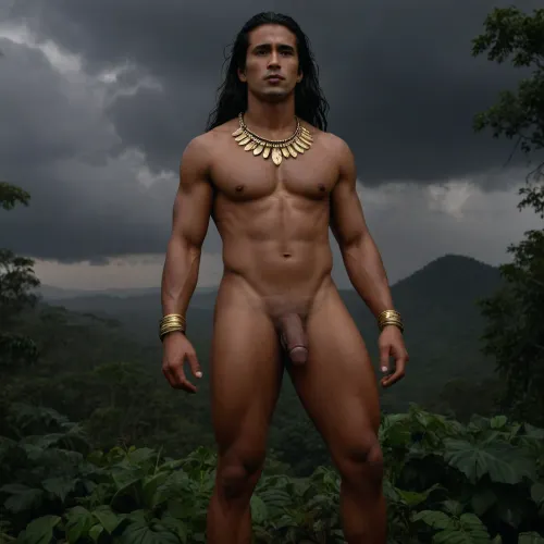 Masterpiece, realistic, fullbody, uncensored, one guy, (male:1.2), tribe chief, proud, is waliking, naked, ebony, Moccasins, Beaded accessories, gold collar, big penis, (flacid penis), very long black hair, jungle, bushes, dark cloudy sky, raining, <lora:255700_training_data:.8>, <lora:xpenis-1.5e:.8>