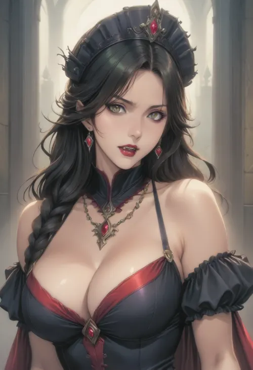 (Fool's art style), (ai_generated anime_style:1.4), official art, anime style, hard_outline, strong_outline, clear black outline, sexy pose, mature woman, beautiful girl drawn in anime style, dramatic gothic horror portrait, (vampire queen in elaborate medieval-style costume:1.4), . She wears an ornate headdress adorned with emerald green stones and coral gems, complemented by matching layered necklaces and arm cuffs. She's pale skin contrasts with dark eye makeup and, (bloody vampire fangs:1.4), . close-up shot with moody side lighting against a dark background, sinister supernatural atmosphere. She wears a red bodice with ornate green and gold trim, overall, (color palette emphasizes dark tones with rich emerald green and deep red accents:1), perfect fingers, style anime, inspired illustration, style oda_non, style homare, looking at viewer, dynamic camera, hard shadows, backlite, tight shot, face focus, <lora:cartoon_stickers_xl_v1:.8>, <lora:AnimatedNightmaresStyle:.8>, <lora:style61-a31-000015:2>, <lora:EnvyStylizedXL01:1.2>