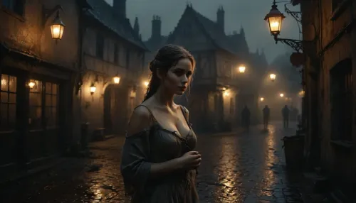 The picture has a frightening atmosphere, a small medieval town, cobblestone streets, oil lamps as street lighting, night and heavy rain, mud, 100% humidity, a dark dive from the outside, warm light coming in, a slim, pretty woman in rags showing secretly her tits in front of the pub offering her services as a prostitute, Black, and, white, art, black, shading, charcoal, toned, brutal, dark, b/w, color, scheme, elven, architecture, <lora:Black and white art.V1:1.2>, <lora:EnvyElvishArchitectureXL01:.6>, <lora:MJ52:.8>