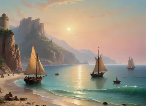 The painting is in the style of the Russian artist Ivan Konstantinovich Aivazovsky.In the central part of the canvas there is a sailboat standing on a raid near the walls of the Genoese fortress. The rays of the rising sun turn the sails of the ship pale pink. The turquoise expanse of the sea is calm, and the unfurled sails are reflected in it, as if in a mirror. In the foreground of the painting, on a sandy beach near the sea, the viewer sees a cart pulled by two oxen and a boat approaching the shore. Near the cart and boat, the author depicted local residents dressed in national costumes.
In the haze of morning fog, the outlines of sailboats standing in the bay are barely discernible. The rays of the sun rising over the mountains fill the sky, the peaks of the rocks and the sea near the horizon with a warm lemon yellow color.
In the misty haze on the tops of the coastal cliffs, you can see the ancient towers of the ancient Genoese fortress.
The painting is imbued with lyrical romanticism, which is especially felt on Aivazovsky's canvases, painted in the so-called oriental taste.
