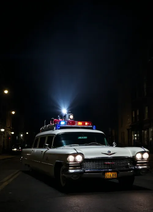 Ecto-1 from Ghostbusters, (Ghostbusters), Night, Dark Sky, Street of New York, Dark Streets, Lights of Cadillac Miller-Meteor Sentine of 1959, Limo-Style Endloader Combination Car, (Driving Effects, Flashing Lights are On, Flashing Lights Effects, Speed Effects), Side View from Below, <lora:dark:.5>