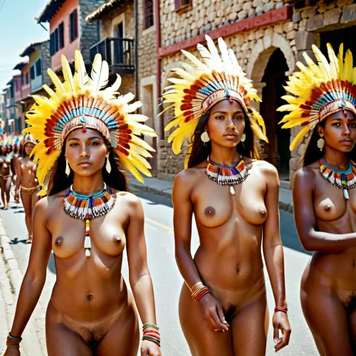 Three slightly dark-skinned young women, all nude except for headdresses of brightly colored bird feathers, face the viewer in a parade through a narrow street lined with small stone buildings and topless spectators in native dress at noon on a sunny day.
