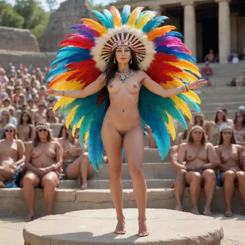 A pre-Columbian priestess, nude except for a headdress of brightly colored bird feathers, stands facing the viewer with her legs slightly spread and her back against a stone altar at the center of an outdoor amphitheater half-filled with topless spectators at noon on a sunny day. pubic hair