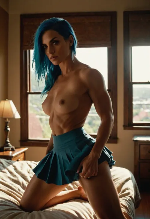 A real scene in casual style, a muscular woman with blue hair and brown eyes, gets a dick in the asshole while ridding in a bedroom setting. Captured from a panoramic shot angle with sun light lighting and moody finish, wearing only skirt.