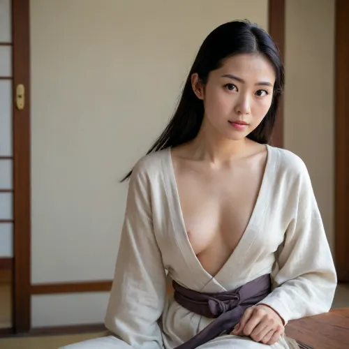 A 23-year-old Japanese woman with warm, fair skin and a delicate yet expressive face. She has long, straight black hair that falls just below her shoulder blades, with loose strands naturally framing her soft oval face. Her eyes are deep brown, slightly upturned at the corners, with a calm and emotionally intelligent gaze. Her lips are full but soft — the kind that look thoughtful even in silence. She has a small beauty mark below her right eye.

She has a lean, petite but subtly curvy body with small, perky breasts, (A to small B-cup), a narrow waist, and toned thighs. Her body is soft and natural, with minimal makeup — just a light flush on her cheeks.

She is wearing a light, loosely-tied kimono-style robe made of thin, cream-colored linen. The robe slips slightly off one shoulder, revealing the curve of her collarbone and a subtle glimpse of skin beneath. The fabric gently outlines the shape of her body when she moves. Underneath, visible only at the edges, is a simple pale gray cotton bra and matching panties — not meant to seduce, but intimate in its realness.

She is seated on a tatami mat by a low wooden table, with a ceramic teacup beside her and an open sketchbook in front of her. Soft natural morning light filters through the paper shoji screen behind her, casting a delicate glow on her skin. Her expression is calm, a little sleepy, slightly amused — as if she’s been thinking about something intimate but hasn’t decided whether to speak it yet.