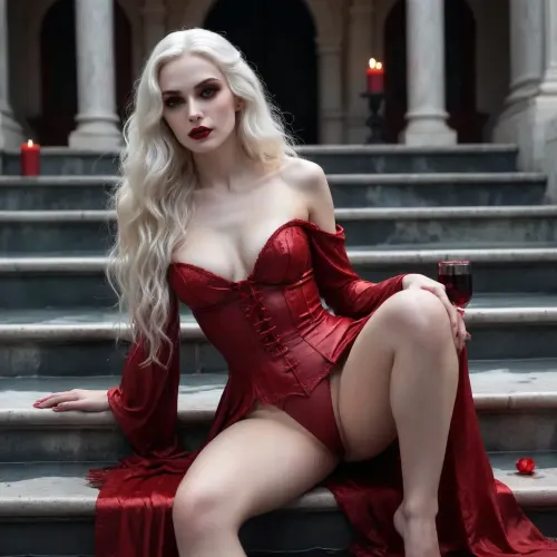 a vampire woman with perfectly white skin, a marble-white torso, a beautiful face, sharp cheekbones, very long wavy snow-white hair, a body in red paint. dark makeup. He sits on the steps of a pool with thick red water and holds a glass of wine in his hand. Gothic style, candles, marble. night. not a standard angle. side view. digital art, non-standard pose. aesthetics. glare. shadows.