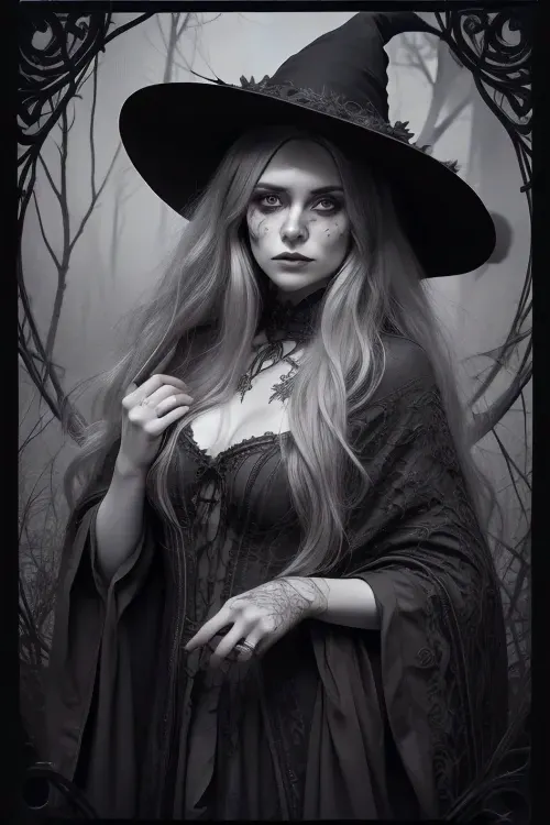 A detailed, pastel colored Gothic-style drawing. It depicts a toplees witch with long, wavy hair, wearing a pointed, leaf-decorated hat and a tattered cloak. Her face is painted grotesque. Surrounding her are skulls, bats, and twisting, thorny vines, creating a macabre, eerie atmosphere. The background is densely filled with intricate, organic patterns. Dark, mystical atmosphere. #©KITTYART

























#©KITTYART