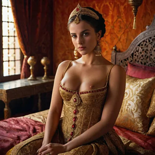 The new European concubine in the Arab harem waiting in the bedchamber.
A petite young european woman, concubine, 16th century, brunette, sitting in a noble bedroom, Arab harem, looking at viewer.
photorealistic, hd.