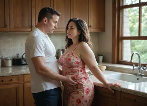 a heterosexual couple having sex in the kitchen, woman, (brunette, short, chubby), housewife, floral dress, man, ((tall, strong, muscular)), work uniform, woman with her clothes pulled up, man with his pants open, cinematic lighting, digital painting, bright colors, forest, best quality, masterpiece