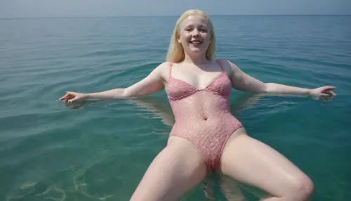 Ukrainian absolutely albino just eighteen-year-old tiny chubby woman, in a mesh pink bodysuit, hairy pussy, barefoot, happily smiling, swimming serenely on her back full-length in a clear blue sea