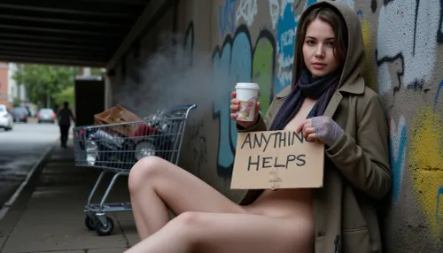 A homeless woman in her 20s fully naked with slender physique, with fair skin, skinny sits against a graffiti-covered wall under a rainy overpass. She's bundled in layered, tattered clothing, oversized coat, multiple scarves, fingerless gloves, clutching a cardboard sign reading 'Anything helps'. Her face shows exhaustion and resilience, rain dripping from her hood. Shopping cart filled with belongings beside her, steam rising from a street vent. Moody cinematic lighting, shallow depth of field focusing on her weathered hands holding a paper cup. Style, social realism photography, muted tones, dignity in hardship, nude naked