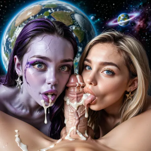 beautiful, 18-year-old, cosmic, planet, station, space, sucks a futanari dick, from another 18-year-old girl with purple skin, huge shapes, very tall with a huge monster dick and an alien appearance, both girls can be seen in full growth, third-person photos, space inventions, planets in the porthole, slime flows down the walls and spilled on semi, thick thighs, fat thighs, nude tits, nude vagina, she's wearing a white blouse with her tits falling out, a black miniskirt with her vagina visible, high-heeled closed shoes, disheveled very long blonde hair, she's all wet, wet clothes, bright makeup, cumming, (((The whole full body is visible))), nude, professional shot, Super realistic, perfect lighting, (best shadow), 8K, UHD, clear image, (best lighting), highest quality, ultra-detailed images, fine details, high resolution, 8k, wide mouth, full lips, blue eyes, pale skin, deep dimples, cute chin, kind eyes, white teeth, detailed faces, Black eyeliner, professional, realistic eyes, Sultry expression. Tousled, Eye contact, (sultry), Photorealistic, Looking at the camera, innocent face, horny, very detailed, perfect tight smooth young pussy, small tits, (((narrow low face))), young face, bright eyes, very detailed face, blush, white skin, futanari, close up hyper detailed body, detailed huge flaccid penis, fit body relief, suck futanari dick, two woman futanari sex, ((futanari penis, futanari vagina under balls, veiny penis, cum dump)), purple futa, purple dick, purple skin tone, purple woman, distance image 3 meters, pov 100, distance photo, alien, alien skin, alien skin tone