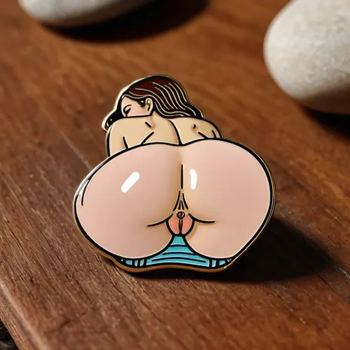 an enamel pin of a woman's ass, sitting on a wood table, flat color pin, asshole and pussy visible, spread ass cheeks, <lora:274698_training_data:.8>