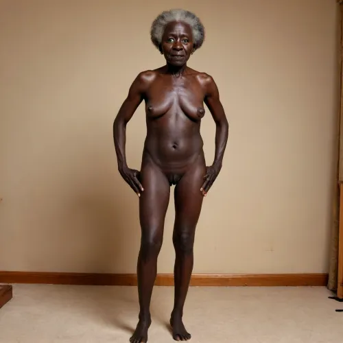 Ultrarealistic Photography, high-resolution, photorealistic image, wallpaper, 8k, standing, full view, extremely old African granny, gilf 95yo, deep matte skin, (very dark black skin:1.5), nude, elongated saggy small elongated tits, high heels mules, flat, chested, longnips, loepard-print knee high stockings., (Saggy breasts 1.8), G, <lora:flat_chested_v3.5:.3>, <lora:longnipsxl:1.6>