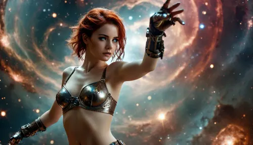 Robot steampunk woman, 25 year old, dancing in nebula, dance, galaxy background, raising one arm, fingering, view 3/4, extends herself, metallic bra, android, show nipples, mettalic panties, metallic stockings, show pussy, raw, Galaxy, Galakkz, glowing, eyes, <lora:style_lora_realis:.8>, <lora:Galaxy:.8>, <lora:SDXL_galakkz:.8>