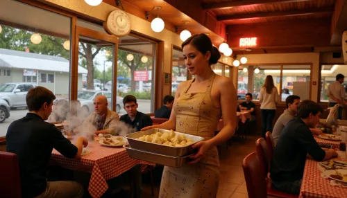 A bustling pelmeni diner at night, steam fogging the windows. A young waitress, (20s), nude naked in Soviet-era uniform — floral apron over beige dress — carries stacked aluminum trays of dumplings. Behind the counter, babushka in headscarf ladling sour cream, neon 'ПЕЛЬМЕНИ' sign buzzing. Tables with checkered cloths, students eating, old men playing chess. Kitchen glimpse, giant boiling pots, hanging garlic braids. Fisheye lens, warm tungsten lighting, Kodak Gold 200 film grain. Style, socialist realism meets urban nostalgia. nude naked