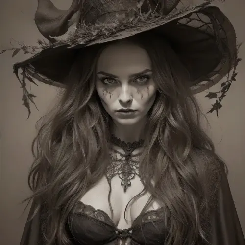 A detailed, sepia-toned Gothic-style drawing. It depicts a toplees witch with long, wavy hair, wearing a pointed, leaf-decorated hat and a tattered cloak. Her face is painted grotesque. Surrounding her are skulls, bats, and twisting, thorny vines, creating a macabre, eerie atmosphere. The background is densely filled with intricate, organic patterns. Dark, mystical atmosphere. topless. #©KITTYART

























#©KITTYART