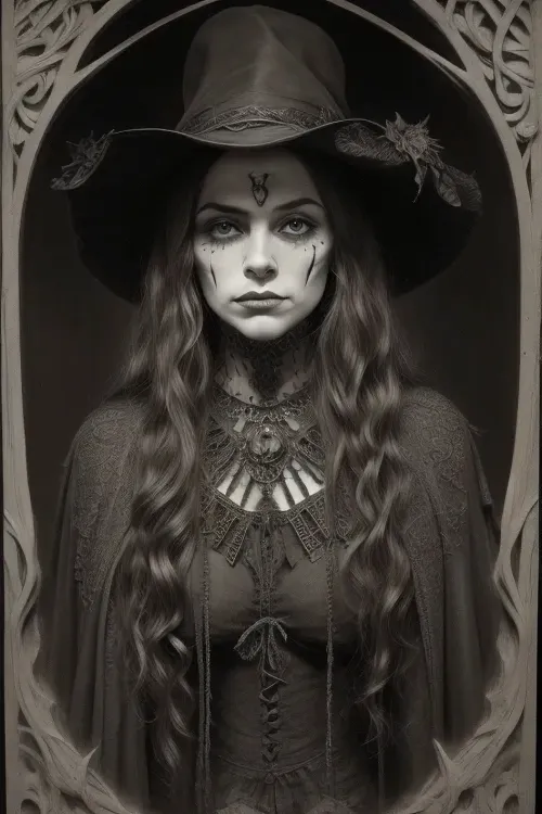 A detailed, sepia-toned Gothic-style drawing. It depicts a toplees witch with long, wavy hair, wearing a pointed, leaf-decorated hat and a tattered cloak. Her face is painted grotesque. Surrounding her are skulls, bats, and twisting, thorny vines, creating a macabre, eerie atmosphere. The background is densely filled with intricate, organic patterns. Dark, mystical atmosphere. #©KITTYART

























#©KITTYART