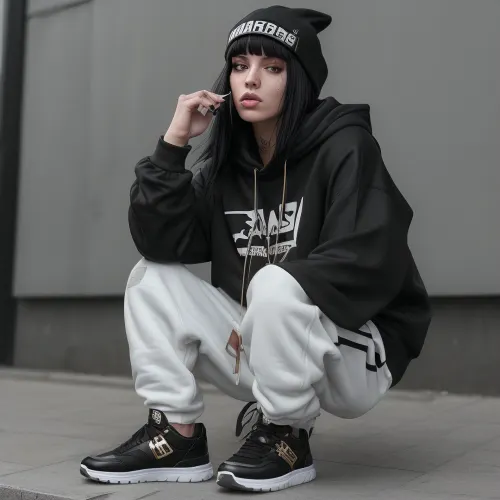 Junge, attraktive Rapperin mit langen schwarzen Haaren, trägt eine glänzende goldene Kapuzenjacke, schwarze Jogginghose und weiße Sneaker, urbaner Young, attractive female rapper with long black hair, wearing a shiny gold hoodie, black sweatpants, and white sneakers, urban street style, confident pose, modern backdrop, hip-hop vibe, realistic, studio quality, strong facial expression, minimalist environment, selbstbewusste Pose, moderne Kulisse, Hip-Hop-Vibe, realistisch, Studioqualität, starker Gesichtsausdruck, minimalistische Umgebung