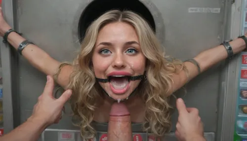 (40 years adult), (very happy:1.5), (she hold her thumbs up:1.5), (woman is stuck with her hips in a round hole with metal rim in a vending machine), (her bust is protruding from a round hole in the front of the vending machine:1.5), (stuck in hole with metal rim:1.3), (vending machine at night, slot for payment), (wide mouth spreader ring gag, gaping mouth:1.5), (leaning forward), (wide smile:1.5), (she needs it, pleading expression:1.2), (box is low mounted, close to floor), (score_9, score_8_up, score_7_up, UHD 8K, masterpiece, best quality, maximum details, natural light, extreme realism, cinematic still), (huge penis:1.4), (she stares at erect penis in front of her face:1.3), (POV from above, she is looking up to viewer, submissive), (POV man standing and looking down, man stroking his big dick:1.1), (arms restrained to wall), (her arms left and right flat against the wall, multiple iron rings fixing her stretched arms against the wall:1.5), (POV standing man, looking down on her:1.2), (mouth wide open), (dirty blonde Swedish woman, freckles, tanned), (tan lines), (iron rings restrain her arms to vending machine), (her arms are spread eagle against vending machine:1.8), (arms restrained with iron rings:1.8), (free-standing vending machine), (her face is covered in cum:1.6), (cum in her mouth:1.1), (bukkake, facial:1.3), (freckles, skin impurities), (transparent liquid:1.2), (realistic cum), (wet face:1.2), (oily skin:1.5), (stuck with hips in a round hole with metal rim:1.6), (long blonde hair, elegantly styled hair, long wavy hair:1.5), (eyes wide open in awe:1.3), (her mouth serves only one purpose), (she's got a new job, she's a public cum dumpster), (pink glossy lips:1.3), (shocking pink lips, pink lipstick:1.5), (eerie lighting:1.3), (smeared lipstick:1.3), (thick bimbo botox lips:1.5)