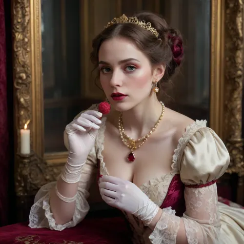 Moonlit Baroque boudoir. A woman, (porcelain skin, pearl-matte cheek), in torn lace gloves kneels before gilded mirror, (chin lifted. Face DAUBED WITH RICH SOUR CREAM:1), THICK STREAMS trickling from swollen lips 2, GLISTENING DROPLETS hanging from chin 3, TWO PLUMP STAINS on cheeks. Garnet raspberry pendant at throat. Details, sour cream swirls evaporating as smoke, shattered clock gears floating, raspberry vines growing from floor. Style, Pre-Raphaelite meets cyberpunk, velvet noir palette with raspberry accents. Mood, (Sacred transformation. --ar 1:1)