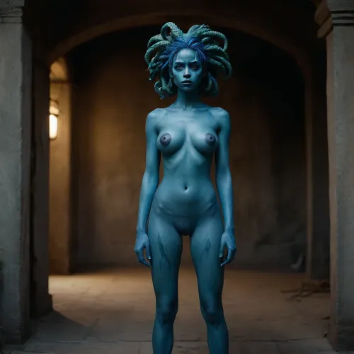 1 girl full body nude green girl, (blue skin:1.6), standing, medusa, big head. large breasts, slave girl outfit