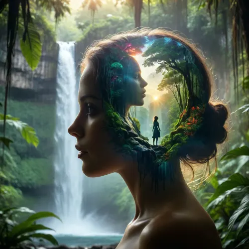 (double-exposure image, silhouette of a woman superimposed on a jungle scene with a waterfall), vibrant colors, blending human with landscape, Double Exposure style, double exposure, dvr-wwyt, <lora:dvr-wwyt:2>