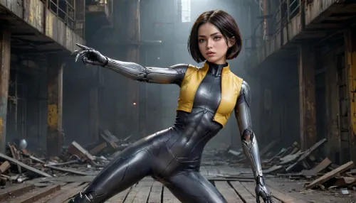Alita. The image shows a cyborg girl in a fighting pose, located in an abandoned industrial site. The girl has a flat chest and narrow hips. The girl, with a short black haircut, is dressed in a black tight-fitting suit with a yellow jacket. Her left hand, with which she pushes off the wooden boards, has a metal prosthesis. In her right hand, she holds a weapon similar to a wide knife with serrated edges. The girl's face expresses tension and determination.

The background is a dark industrial landscape with massive buildings and broken structures. A large mechanical hand with sharp claws is visible on the right side of the image. Debris and debris are scattered on the ground, including parts of robots and mechanisms. In the distance, an illuminated building is visible, providing the only source of light in the background. The color scheme of the image is predominantly dark, with a predominance of blue and gray shades, which creates a gloomy and tense atmosphere., flat, chested, Alita, <lora:SDXL_BetterFaces-LoRA_v1:.8>, <lora:flat_chested_v3.5:.8>, 4lit4, <lora:Alita_SDXL_v2:.8>