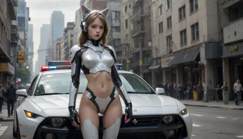 The image shows a young, thin woman in a futuristic suit standing on a police car. She is dressed in white and gray armor, with an open torso. On her head she has a helmet with ears, similar to a cat's. On her left hand is a mechanical device with several fingers. She is standing with one foot resting on the hood of the car, and the other on the fender.

In the background, city buildings are visible, as well as a crowd of people watching the event. Above the car hangs a road sign with the inscription "Downtown CA" and an arrow pointing downwards. On the bumper of the car is a yellow tape with the inscription "CAUTION SEX TAPE CAUTION".

The hood of the car is painted red and white. The reflection of the surrounding landscape is visible in the transparent dome above the hood. Inside, you can make out a steering wheel., mecha, <lora:mecha-000009 (1):.8>, flat, chested, <lora:flat_chested_v3.5:.8>, <lora:Thigh_gap_SDXL:.8>, <lora:ahxl_v1:.8>