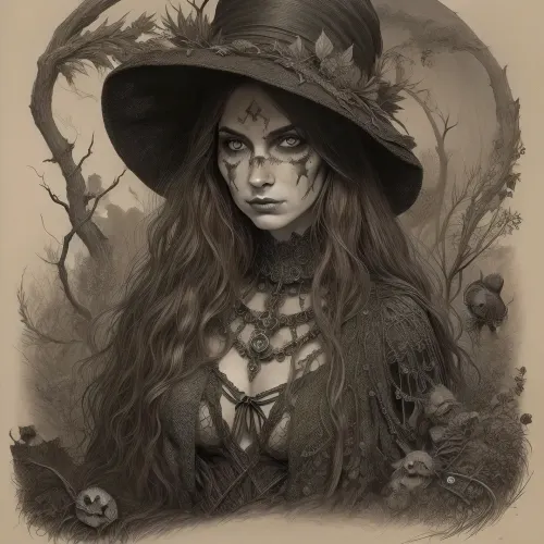 A detailed, sepia-toned Gothic-style drawing. It depicts a toplees witch with long, wavy hair, wearing a pointed, leaf-decorated hat and a tattered cloak. Her face is painted grotesque. Surrounding her are skulls, bats, and twisting, thorny vines, creating a macabre, eerie atmosphere. The background is densely filled with intricate, organic patterns. Dark, mystical atmosphere. #©KITTYART

























#©KITTYART