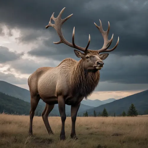 A massive, badass elk with huge antlers stands on a grassy hill under a moody, twilight sky. The elk's fur is thick and dark, with a lighter mane around its neck. Bare, skeletal trees line the hill, and the sky is filled with stormy clouds, casting a dramatic glow. #©KITTYART



































#©KITTYART