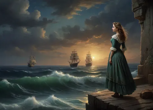 girl in fluttering tattered and torn medieval ragged dress stands on high cliff above sea, stormy sea in the right part of frame, sinking sailing ship on the horizon, girl looking out to sea, gale force winds, girl looking at sinking ship, view from distance, (oil painting in Aivazovsky style, night, nighttime, low lighting, highly detailed figure, at night, darkness)