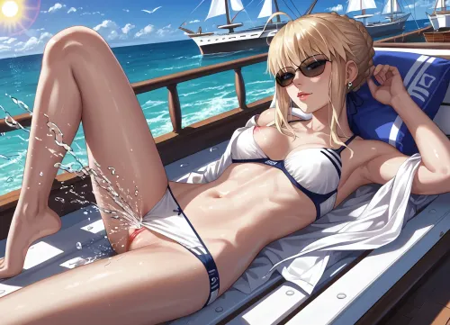 Best quality, high detailed, masterpiece, (on ship:1.1), (ship deck), Artoria Pendragon from Fate Stay Night, lying on her back, undressing herself, making sunbathing, her leg bent at knee, she drinking mojito cocktail, satisfied face., (Swim bra lifted up:1.1), swim panties pulled down, (black sunglasses), open ocean, (white yacht), sun, (only one nipple exposed:.8), slightly visible vagina, (squirting:1.2)
