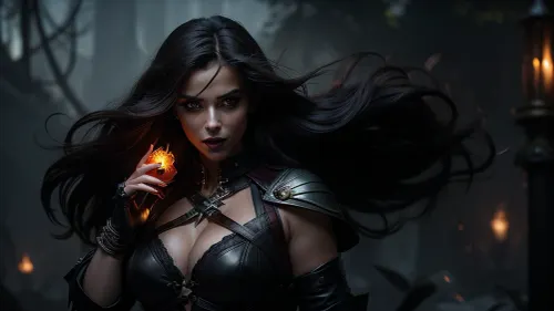 A beautiful, sexy, alluring dangerous-looking sorceress stands confidently, full-bodied and curvy. Her captivating gaze is set off by dark brown braided hair and pale skin. Her deep-set eyes glow bright yellow in the dark, and her full black lips form a knowing grin. She wears a tight, form-fitted mercenary button-up top with ample cleavage and a dark leather jacket and a thick belt that highlights her waist. Her dynamic pose features an upturned hand engulfed in magical flames of purple, blue, and orange. Dramatic, warm light illuminates the scene, casting evocative shadows in a cavernous, dimly lit environment. The background reveals flickering flames and small, indistinct figures in the distance. The composition centers on the sorceress, drawing the viewer's eye to the fiery orb in her hand. Detailed perspective and high focus on her features create a fantasy-style mood, brimming with magic and mystery. The photorealistic style, dramatic lighting, and detailed textures enhance the dark, smoky background, complementing the warm tones of the fire., HyperSmoke, dark, background, black, backlit, theme, <lora:lowkey_v1.1:.5>
