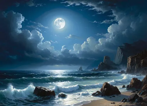 A stormy night. The last wave agitated the sea. It's boiling furiously. The waves break on the rocks in a rapid run. Terrible shaggy clouds are racing across the sky. The moon peeked through the clouds and illuminated the sea and the distant rocky shore. Moonlight flickered like diamonds on the lace of foam. The onset of the enlightenment of nature brings a stream of peace to the "last clouds of the scattered storm" running across the sky.Usually very quick at work, Aivazovsky painted this painting in such a way that it reflected his state of mind, in order to depict the halo of moonlight, he danced around it with a round brush the smallest splashes of light paint, the same as the moon itself.The rocky mountains are written differently, on which almost no moonlight falls. They are depicted as dark generalized masses, with a thicker tone than the sky. The sparse detailing of their shapes still makes it possible to distinguish steep cliff breaks, crevices in the mountains and a stone scattering at their foot on the surf edge. The sea in the part where the moonlight does not penetrate is also written very widely. The waves, breaking on the coastal cliffs, permeated by moonlight, acquire a phosphorescent hue.
