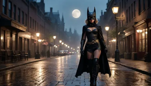 Lynx, villain, Gotham street. The image shows a girl dressed in a Batman-like costume walking down the street. She is wearing a tight black textured costume, a mask with ears, gloves, and a cape fluttering behind her. Around her waist is a gold belt with a buckle. On her feet are high boots with decorative elements.

The girl is standing on a city street paved with cobblestones that reflect the light. On both sides of the street are buildings with burning lanterns, the light of which is also reflected on the wet surface. In the background, a full moon is visible in the sky, creating a mystical atmosphere. Parked cars can be seen in the distance.

The overall color scheme of the image is blue and black, with accents of light from the moon and lanterns., 1girl, Gotham, street, moon, tas-art-style, gotham-city, cityscape, red, sky, sunset, night, city, lights, <lora:Gotham_Villains_Series_Lynx:.8>, horror, scene, dark, glowing, eyes, rooms, girl, kitchen, gore, <lora:3cfdf102b8e09e99ae7eb77b194d9459:.8>