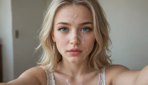 Solo 18yo girl, light blonde hair, realistic selfie, lips, blonde hair, cum on face, facial, cum on body, cum on clothes, dress. full body in frame!, <lora:JustCum:.6>