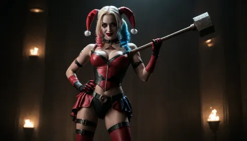 The image shows Harley Quinn, a character from DC Comics. She standing full-length on a stage with poses with a huge hammer on her shoulder., (skinny:1.7), Harley is wearing her classic harlequin costume, red and black with a diamond pattern. On her head she has a hat with bells. She has pale skin, bright makeup, and a big smile.

The background consists of dark tones with elements of red and blue., <lora:dark:.8>