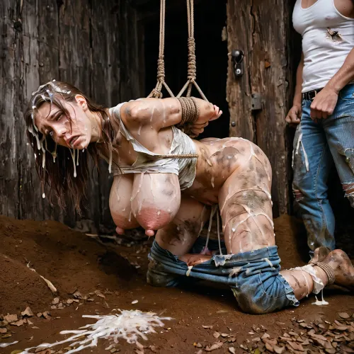 Woman's body hanging by ropes in forest after brutal gang rape by many men, dead, limp and discarded, unconscious, (daughter is 36yo mature brunette, strangled, belt pulled tight around neck, hands tied, beaten, bruised, pussy and asshole gaping and leaking massive amounts of cum, natural 32E tits, large nipples, hazel eyes, defeated, exhausted, looks like she's been gang raped for hours, tank top pulled down to expose tits, jeans ripped and down around ankles to expose pussy and asshole, dirty, massive bukkake, cum and dirt in hair, tied up in bondage, wrists tied, hanging by ropes, covered in leaves and debris, cum on face, cum covering body, drooling cum and spit), being fucked in mouth, being fucked in pussy, wide-angle shot, handheld shot, photo realistic