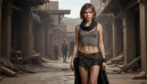 Full body view, The photograph shows a woman standing in a desert area. She has short, tousled hair and a scarf around her neck. She is wearing a light-colored tank top with a long brown coat over it. A dark bag is slung over her shoulder. There are several belts and pouches on her waist. She is wearing a skirt that reaches almost to the ground and brown stockings with cutouts on the thighs. Additional pouches are attached to her legs.

The woman is holding a large, curved knife or machete in each hand. Her expression is focused.

The background is a desert area with concrete structures and a staircase with a balustrade. A street lamp post is visible in the distance. To the left is the entrance to a dark opening, (flat-chested), ((background Dark Sci-fi)), <lora:Thigh_gap_SDXL:.8>, alic32002, woman, black, boots, blonde, hair, alic3apocalypse, she, is, wearing, apoc, outfit, brown, wavy, wet, a, bath, towel, holding, gun, shotgun, <lora:alice resident evil sdxl:.8>, <lora:ahxl_v1:.8>, bandit, <lora:RPGBanditXL:.8>